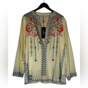 AK BOHO Embroidered Cream Floral Tunic Top Festival